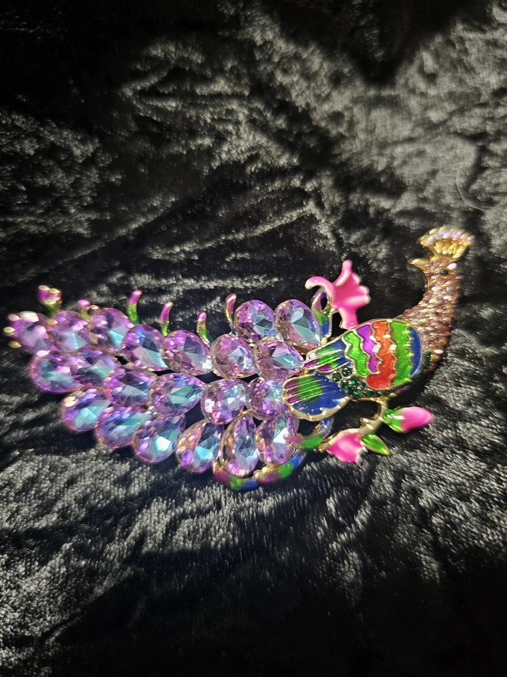 Multicolor Peacock Crystal Brooch - Vibrant Purple and Rainbow Accent
